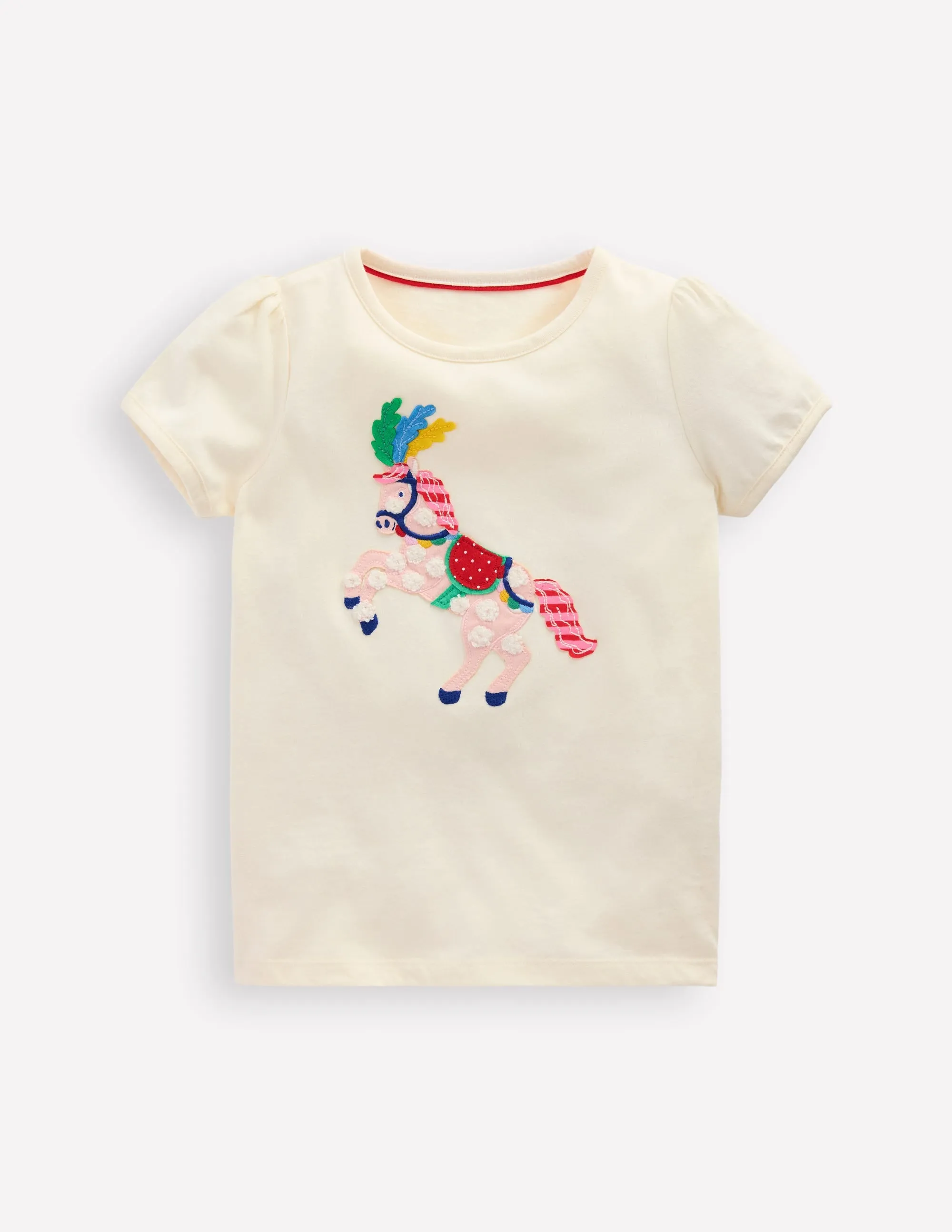 Puff Sleeve Appliqué T-shirt-Soft Ivory Horse