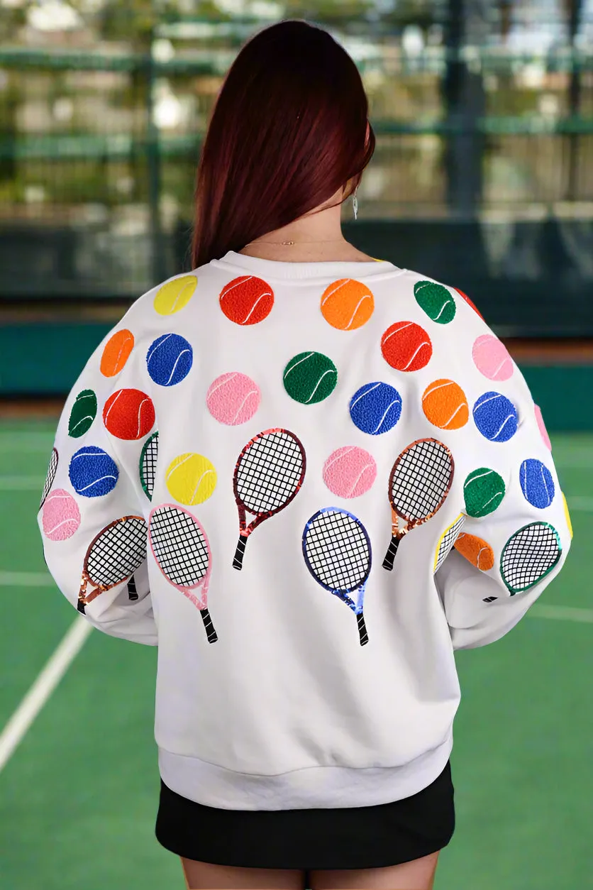 Queen Of Sparkles White Multi Tennis Icon Sweatshirt